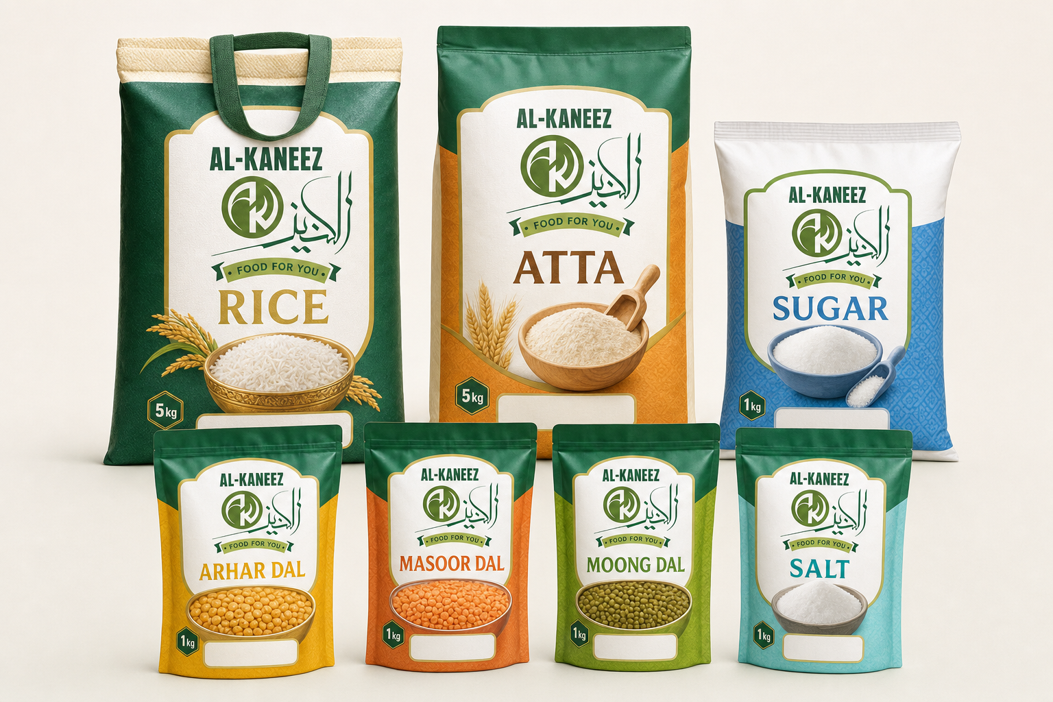 Alkaneez rice, atta, sugar, dal and salt packaging range